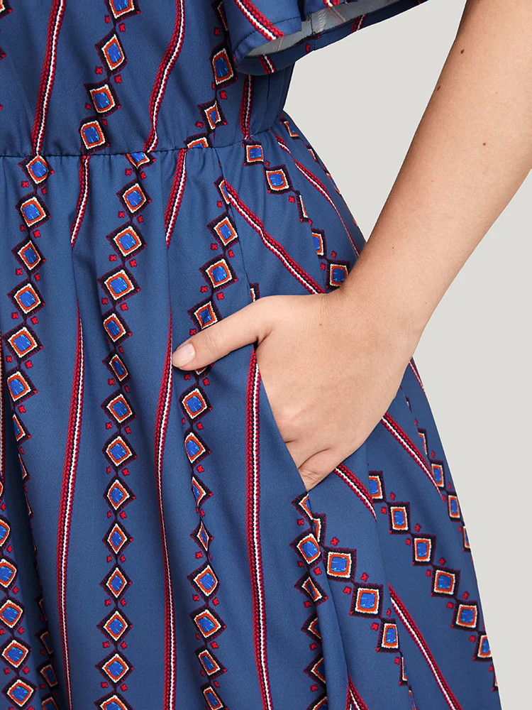 Striped Pocket Split Flutter Wrap Midi Dress - Image 4