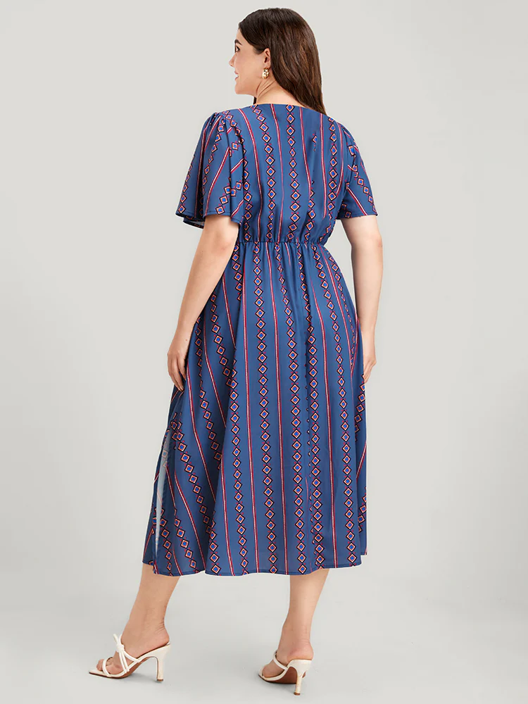 Striped Pocket Split Flutter Wrap Midi Dress - Image 5