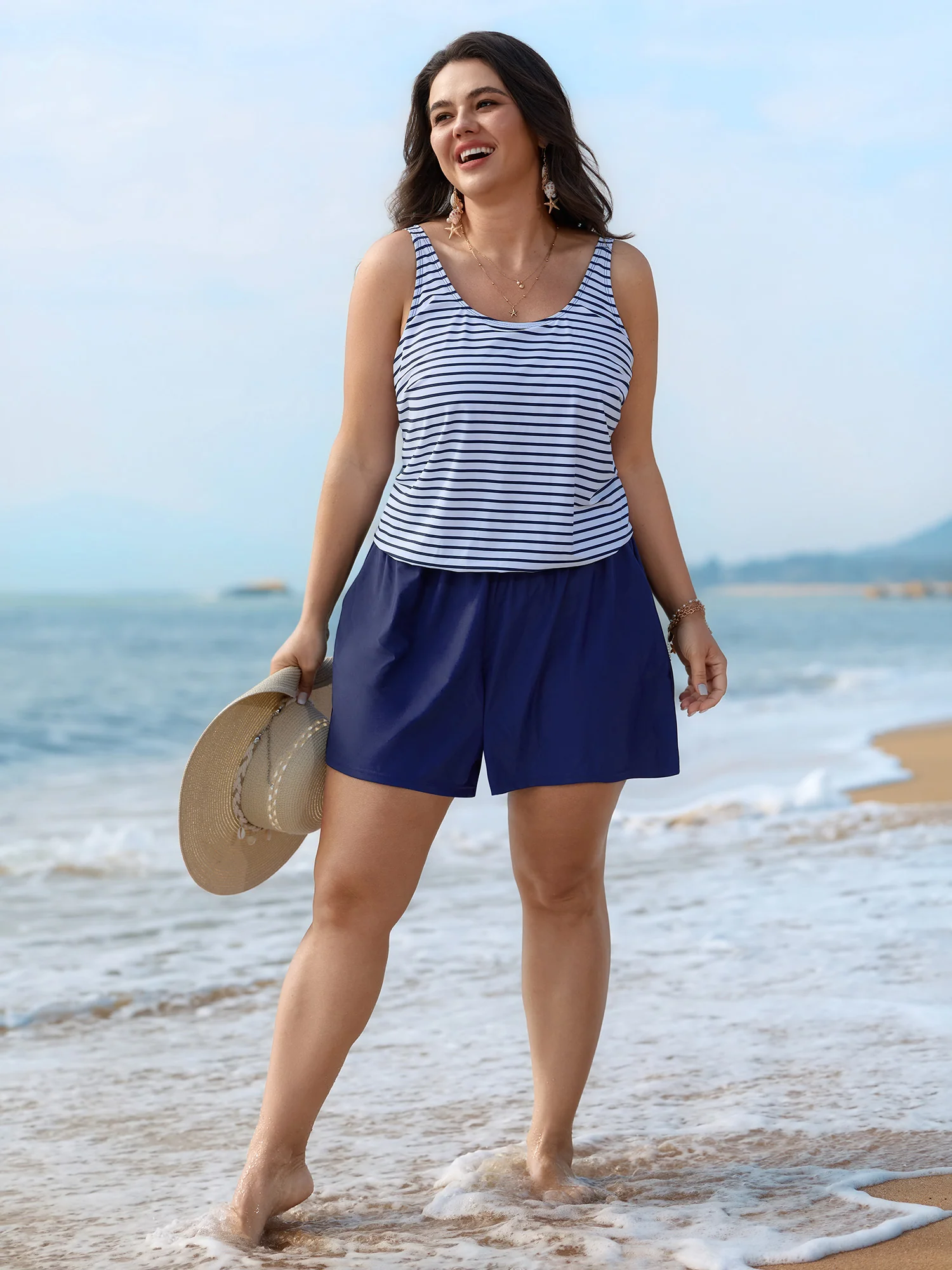 Striped Pockets Color Contrast One-Piece Swimsuit - Image 3