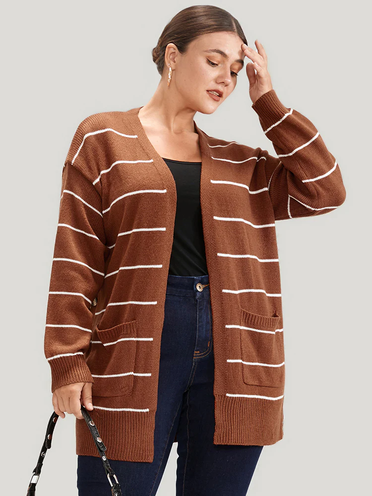 Striped Pointelle Knit Button Side Pocket Open Front Cardigan - Image 2