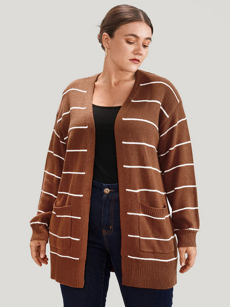 Striped Pointelle Knit Button Side Pocket Open Front Cardigan - Image 3