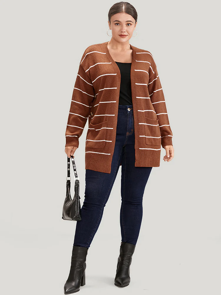 Striped Pointelle Knit Button Side Pocket Open Front Cardigan - Image 4
