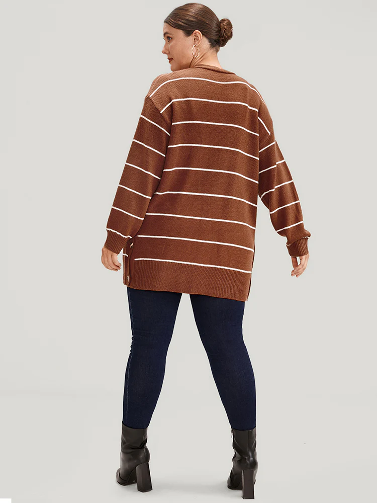 Striped Pointelle Knit Button Side Pocket Open Front Cardigan - Image 5