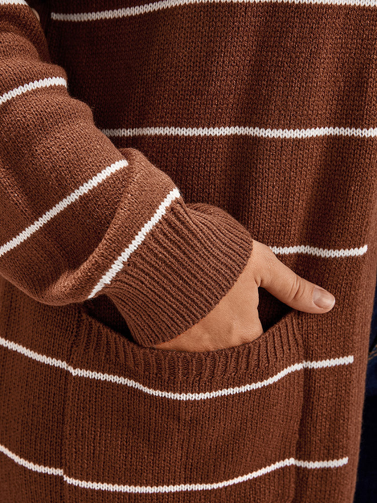 Striped Pointelle Knit Button Side Pocket Open Front Cardigan - Image 6
