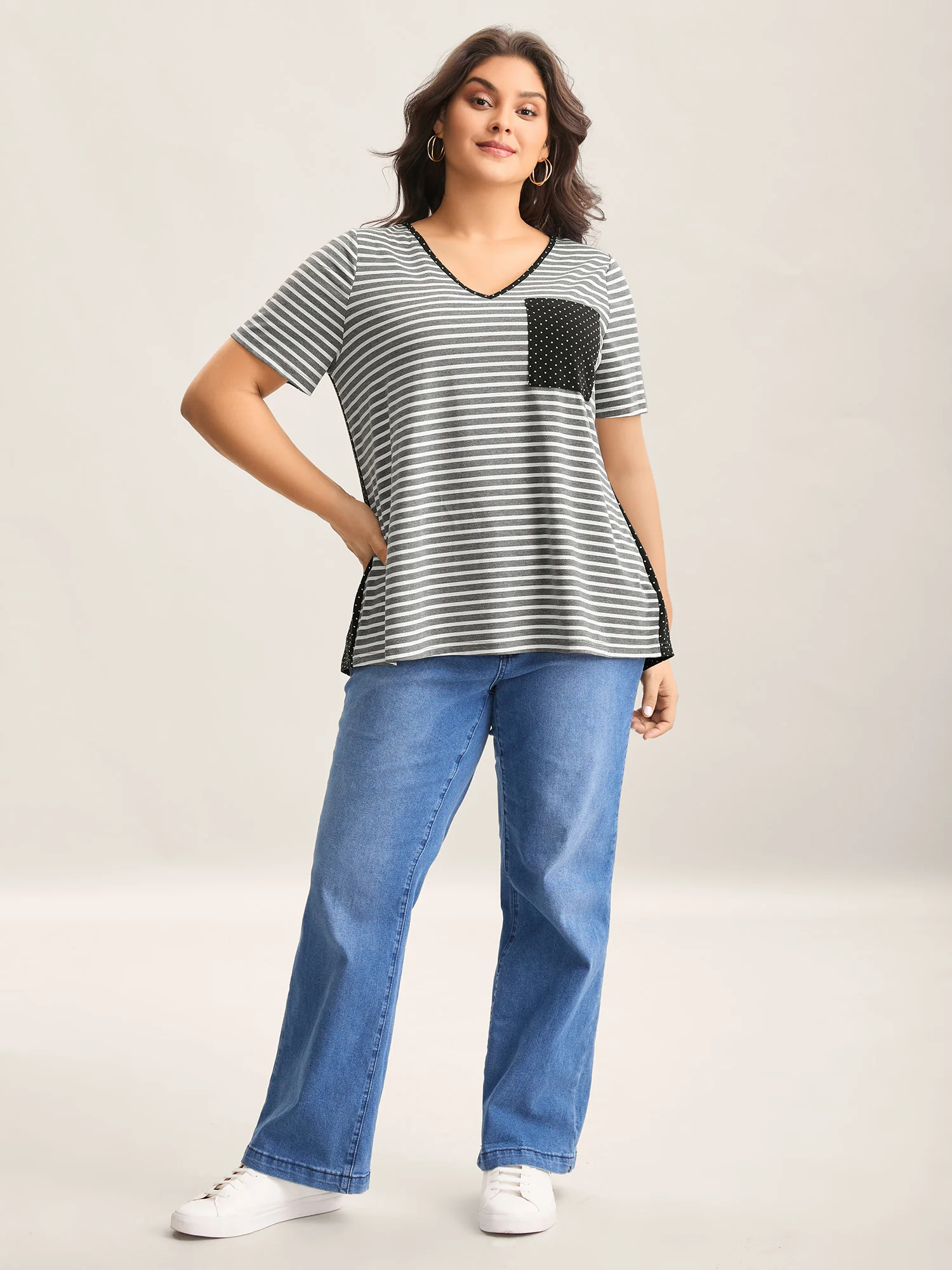 Striped Polka Dots Print Pockets T-Shirt - Image 3