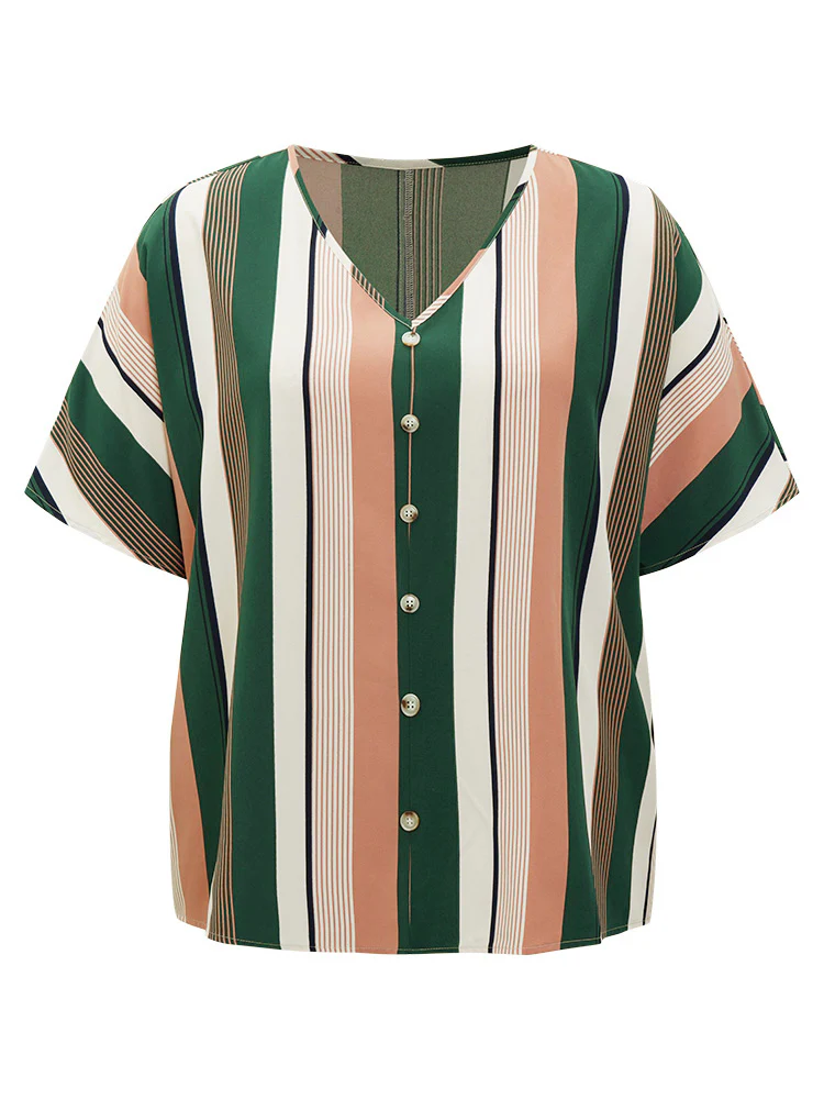 Striped Print Button Detail Batwing Sleeve Blouse - Image 10