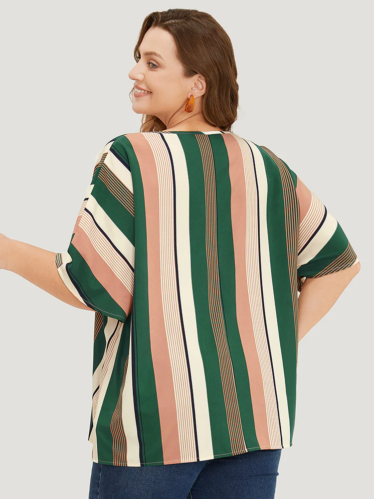 Striped Print Button Detail Batwing Sleeve Blouse - Image 2