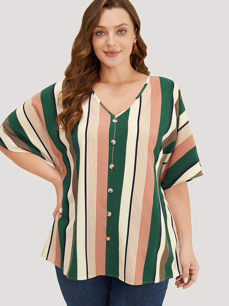 Striped Print Button Detail Batwing Sleeve Blouse - Image 3