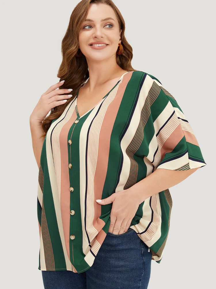 Striped Print Button Detail Batwing Sleeve Blouse - Image 4