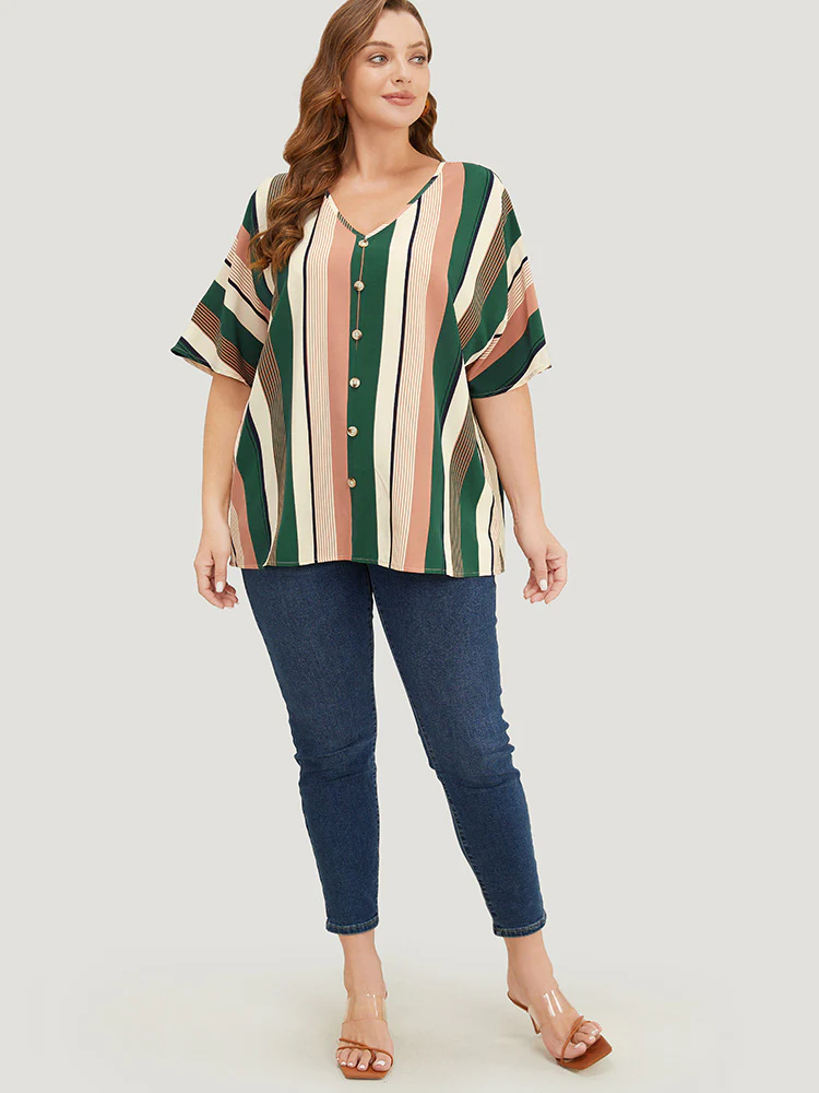 Striped Print Button Detail Batwing Sleeve Blouse - Image 5