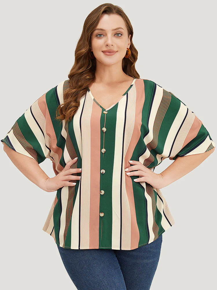 Striped Print Button Detail Batwing Sleeve Blouse - Image 6