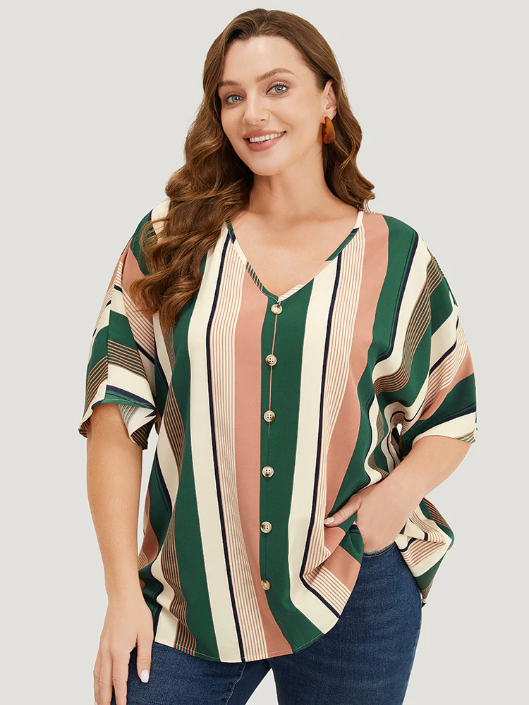 Striped Print Button Detail Batwing Sleeve Blouse - Image 7