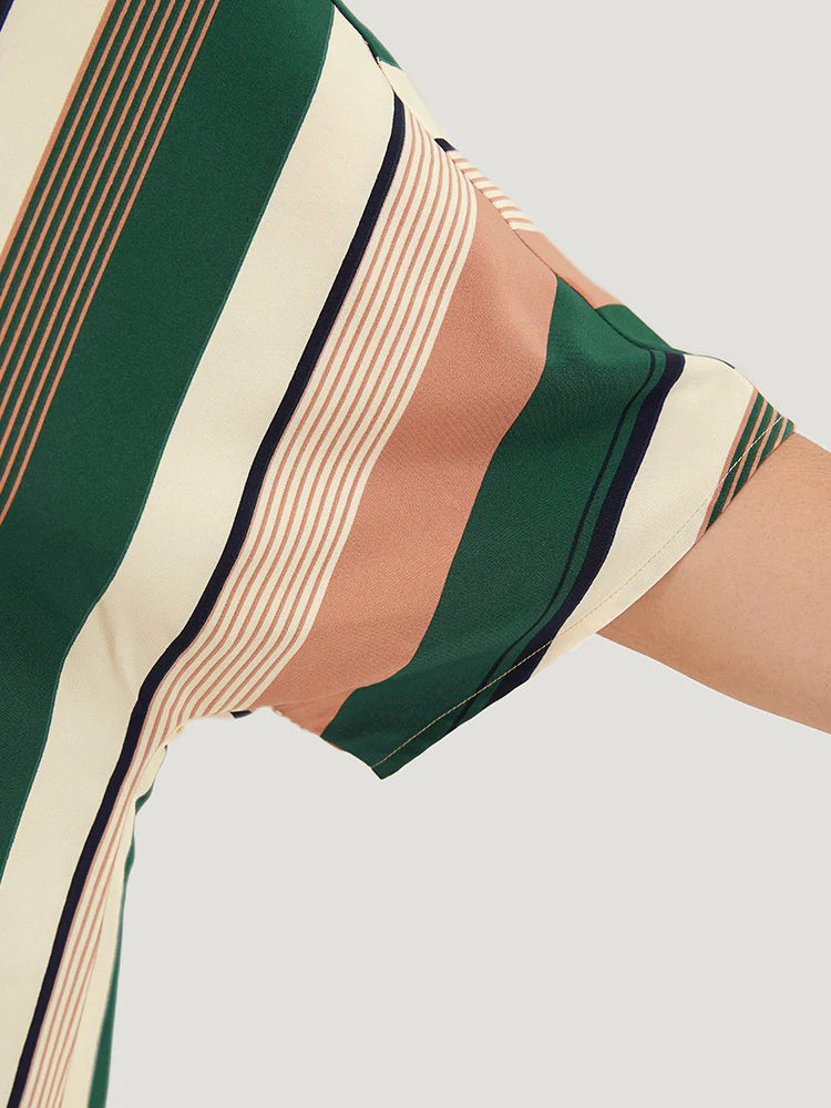 Striped Print Button Detail Batwing Sleeve Blouse - Image 8