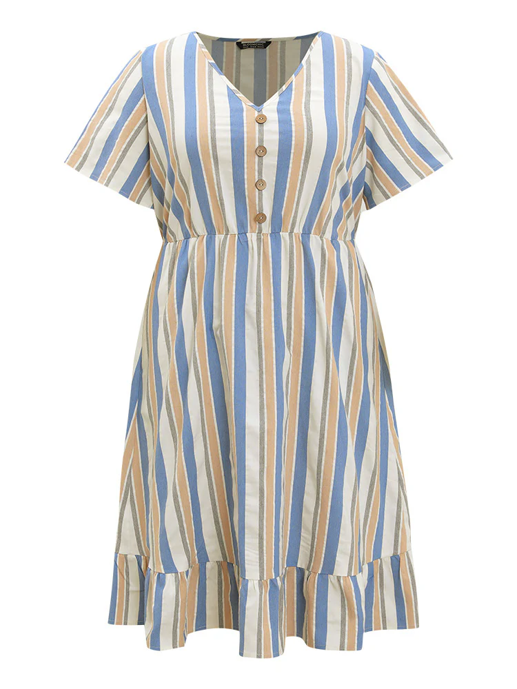 Striped Print Button Detail Pocket Flutter Hem Dress - Image 10