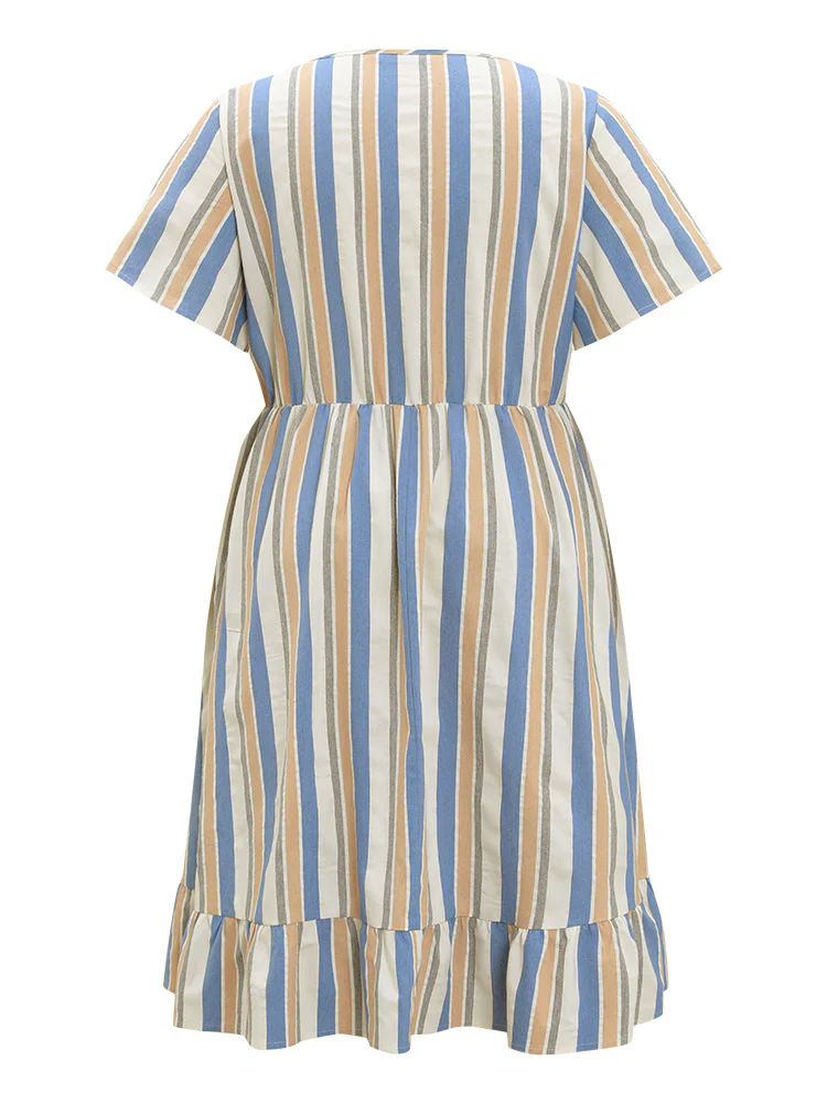 Striped Print Button Detail Pocket Flutter Hem Dress - Image 11