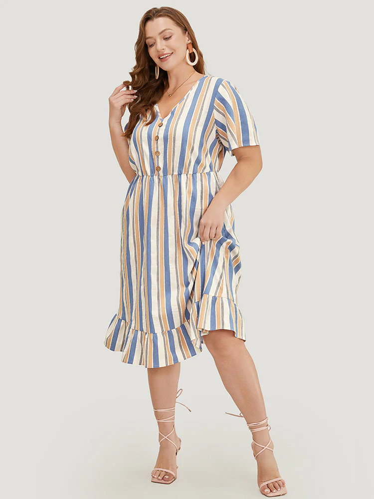 Striped Print Button Detail Pocket Flutter Hem Dress - Image 2