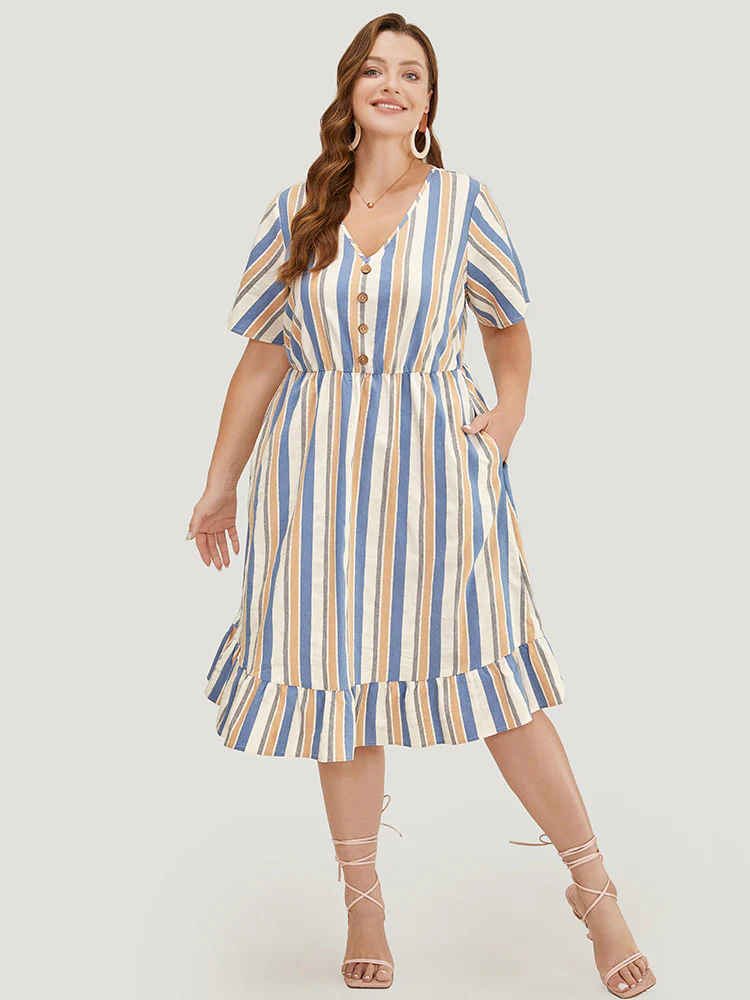 Striped Print Button Detail Pocket Flutter Hem Dress - Image 4