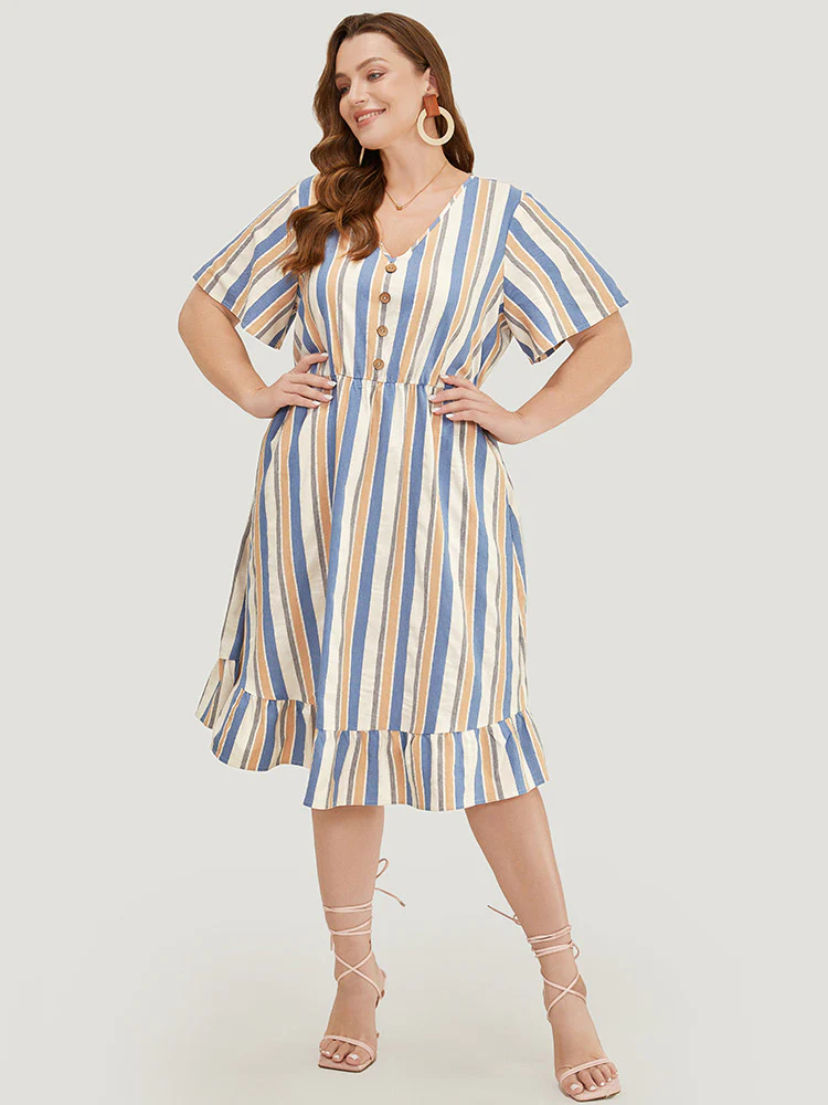 Striped Print Button Detail Pocket Flutter Hem Dress - Image 5