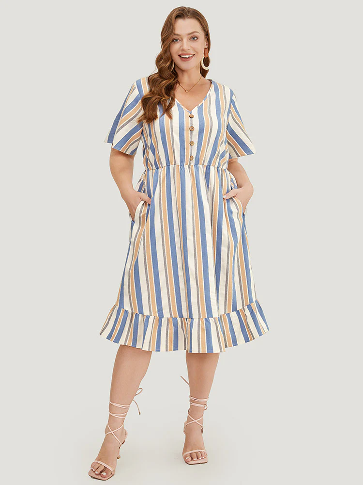 Striped Print Button Detail Pocket Flutter Hem Dress - Image 6