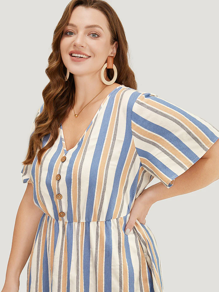 Striped Print Button Detail Pocket Flutter Hem Dress - Image 7