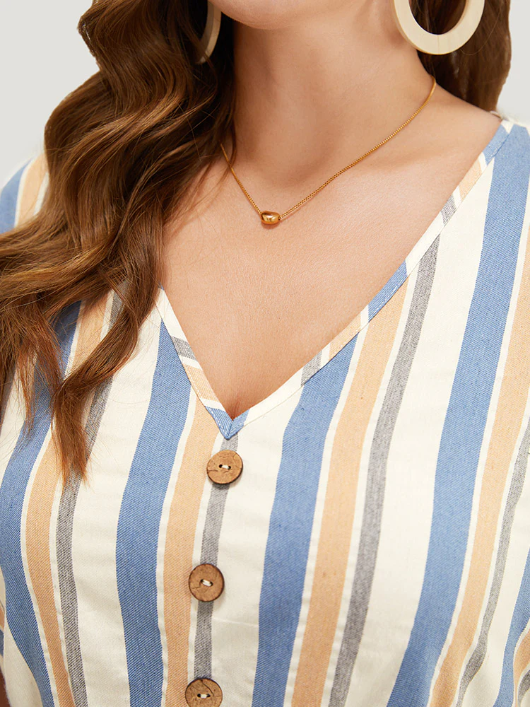 Striped Print Button Detail Pocket Flutter Hem Dress - Image 8