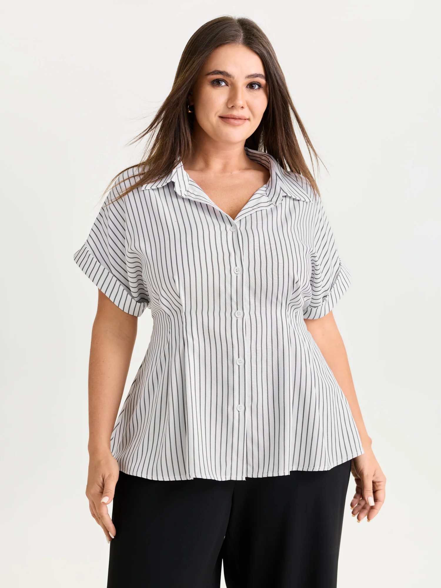 Striped Print Cinched-Waist Button-Down Shirt - Image 2