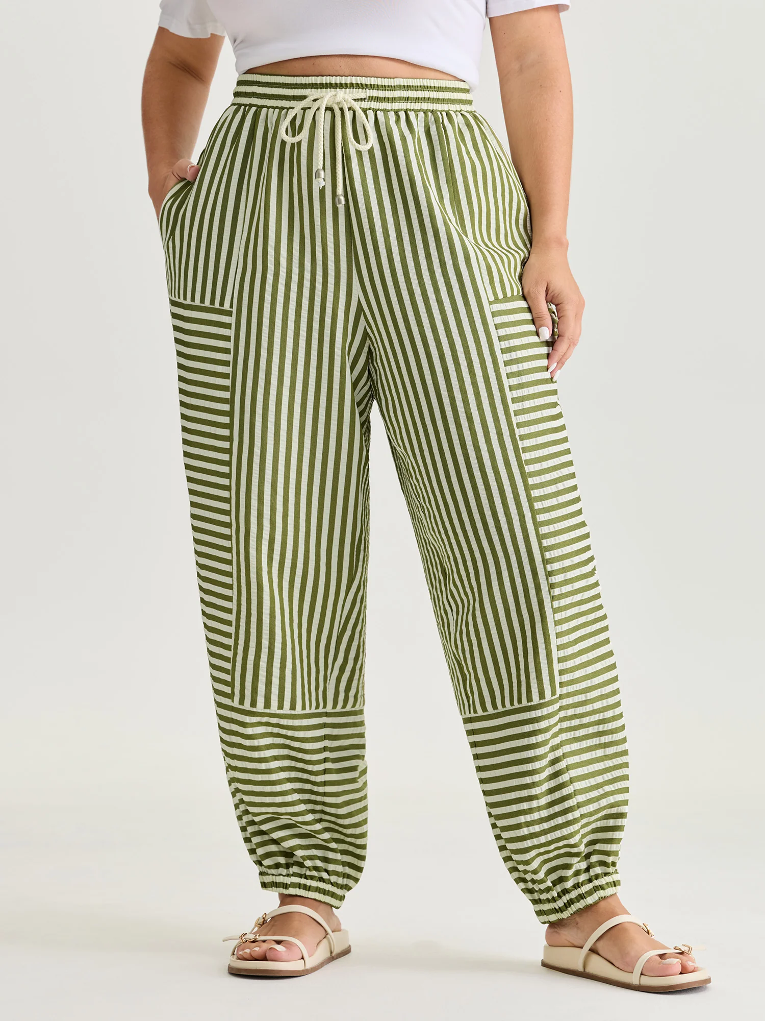 Striped Print Cuffed Hem Pants - Image 2