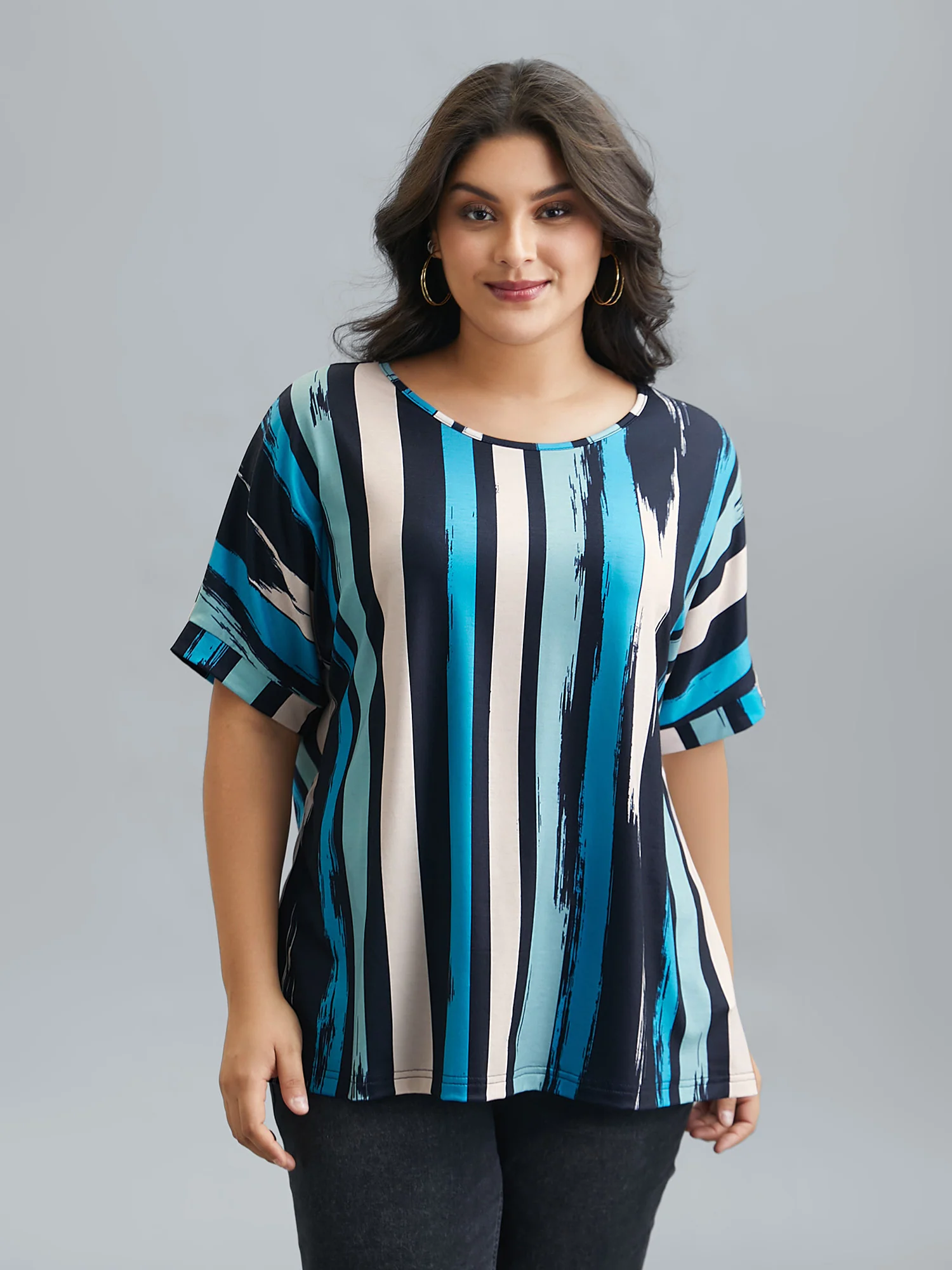 Striped Print Dolman Sleeve T-Shirt - Image 3