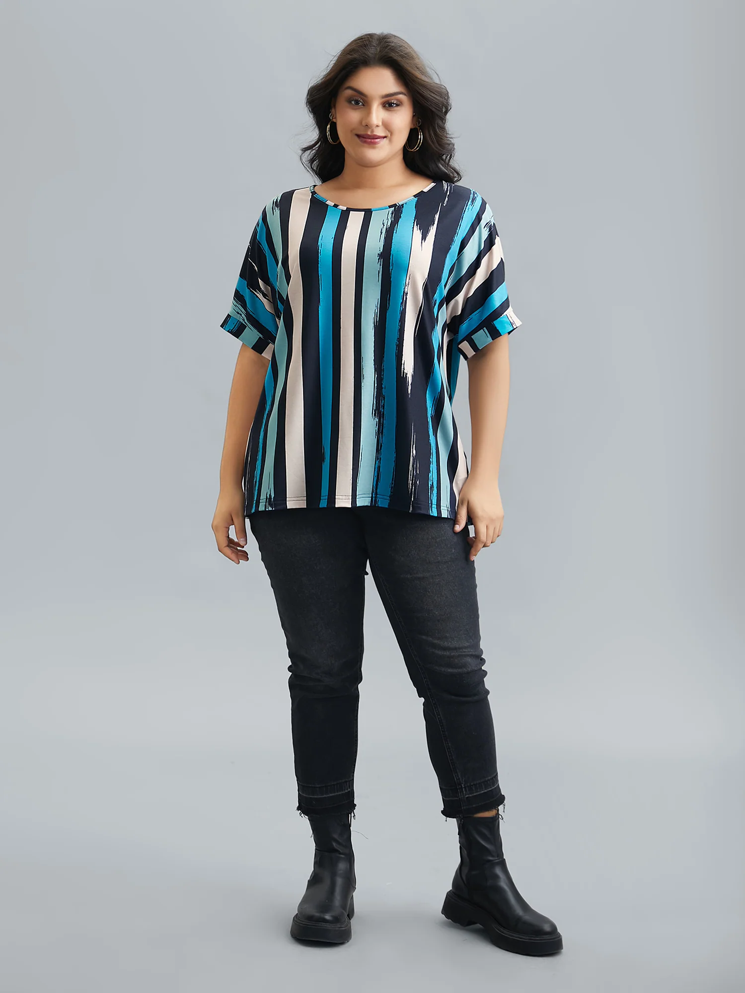 Striped Print Dolman Sleeve T-Shirt - Image 4