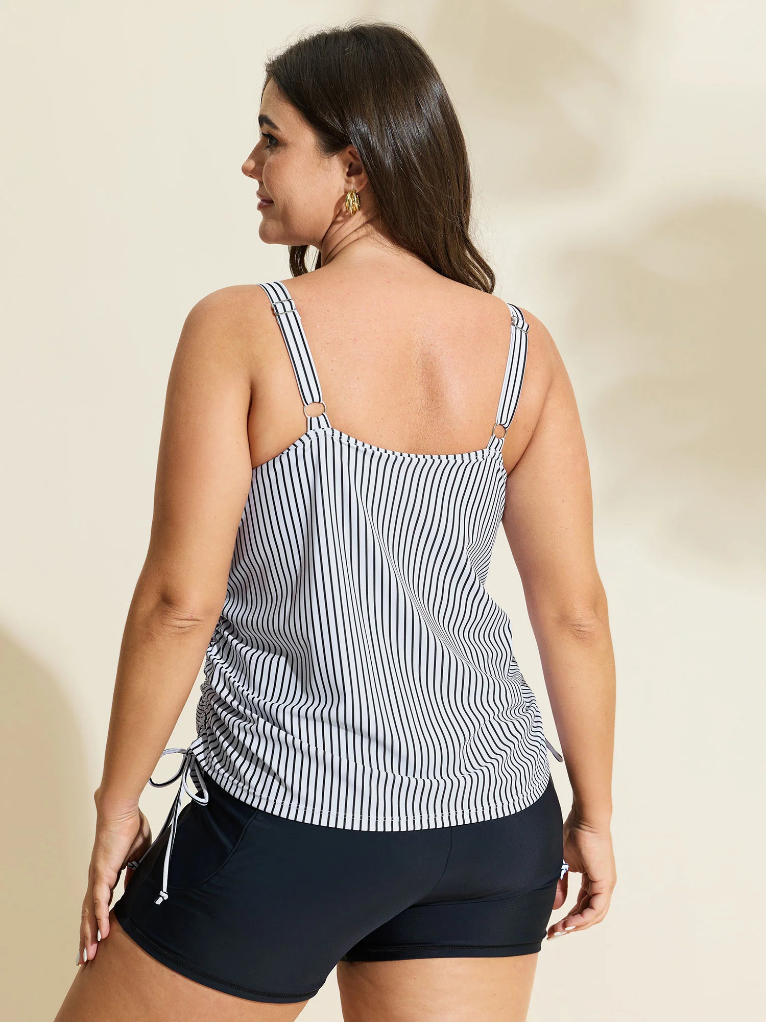 Striped Print Drawstring Sides Swim Top - Image 11
