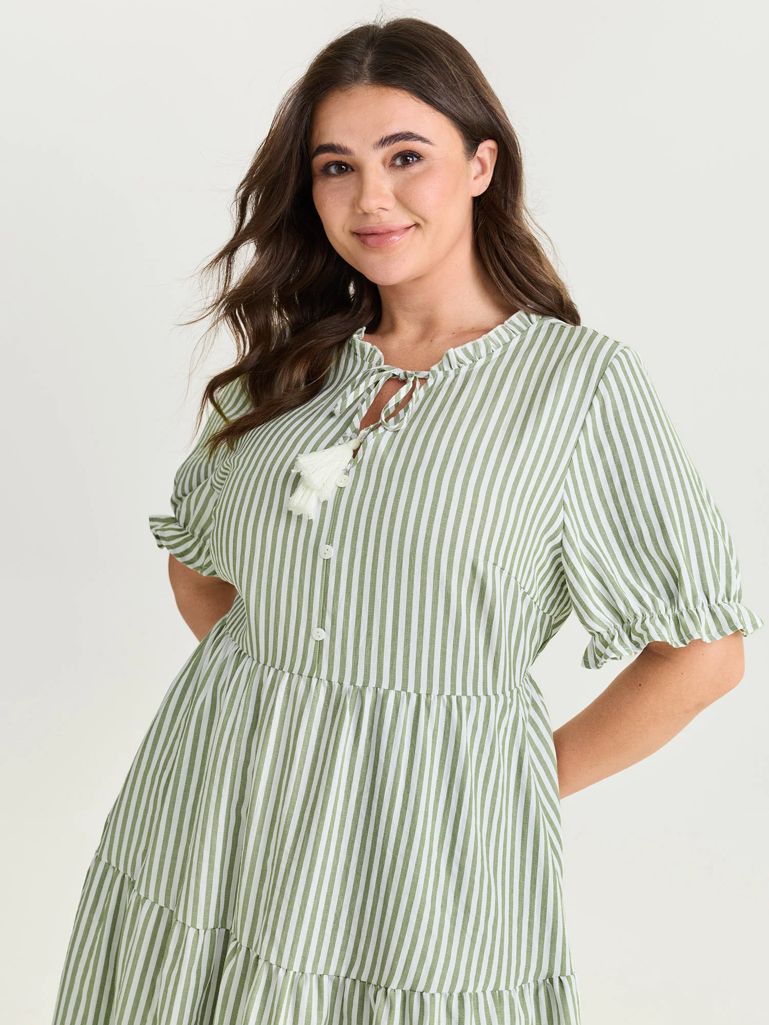 Striped Print Drawstring Tiered Maxi Dress - Image 2