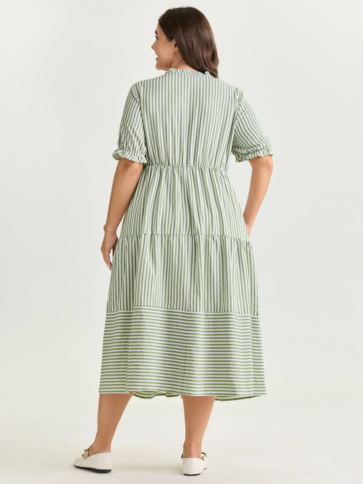 Striped Print Drawstring Tiered Maxi Dress - Image 3