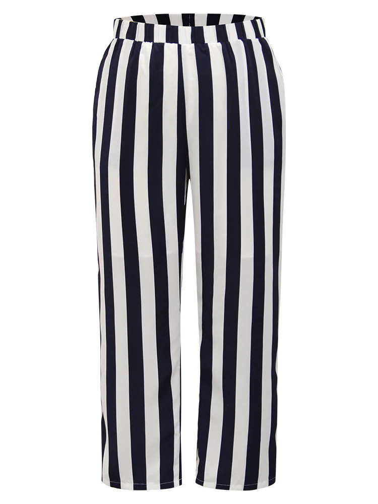 Striped Print Elastic Waist Woven Pants - Image 10