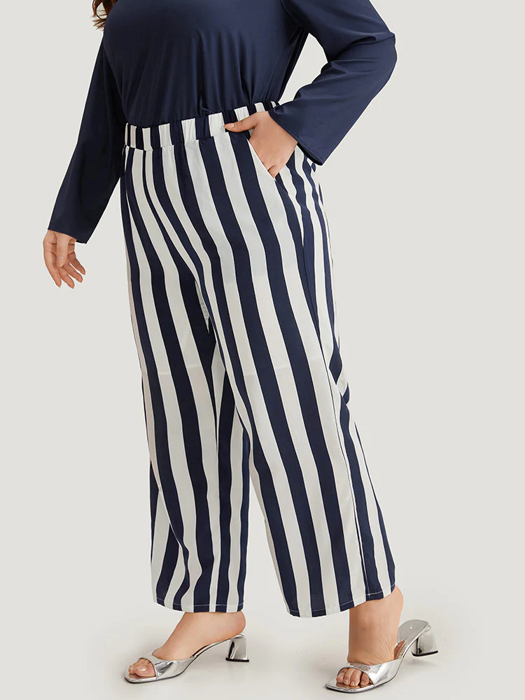 Striped Print Elastic Waist Woven Pants - Image 6