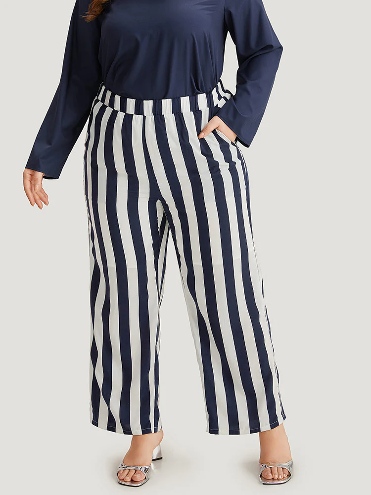 Striped Print Elastic Waist Woven Pants - Image 7