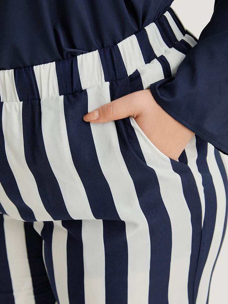 Striped Print Elastic Waist Woven Pants - Image 9