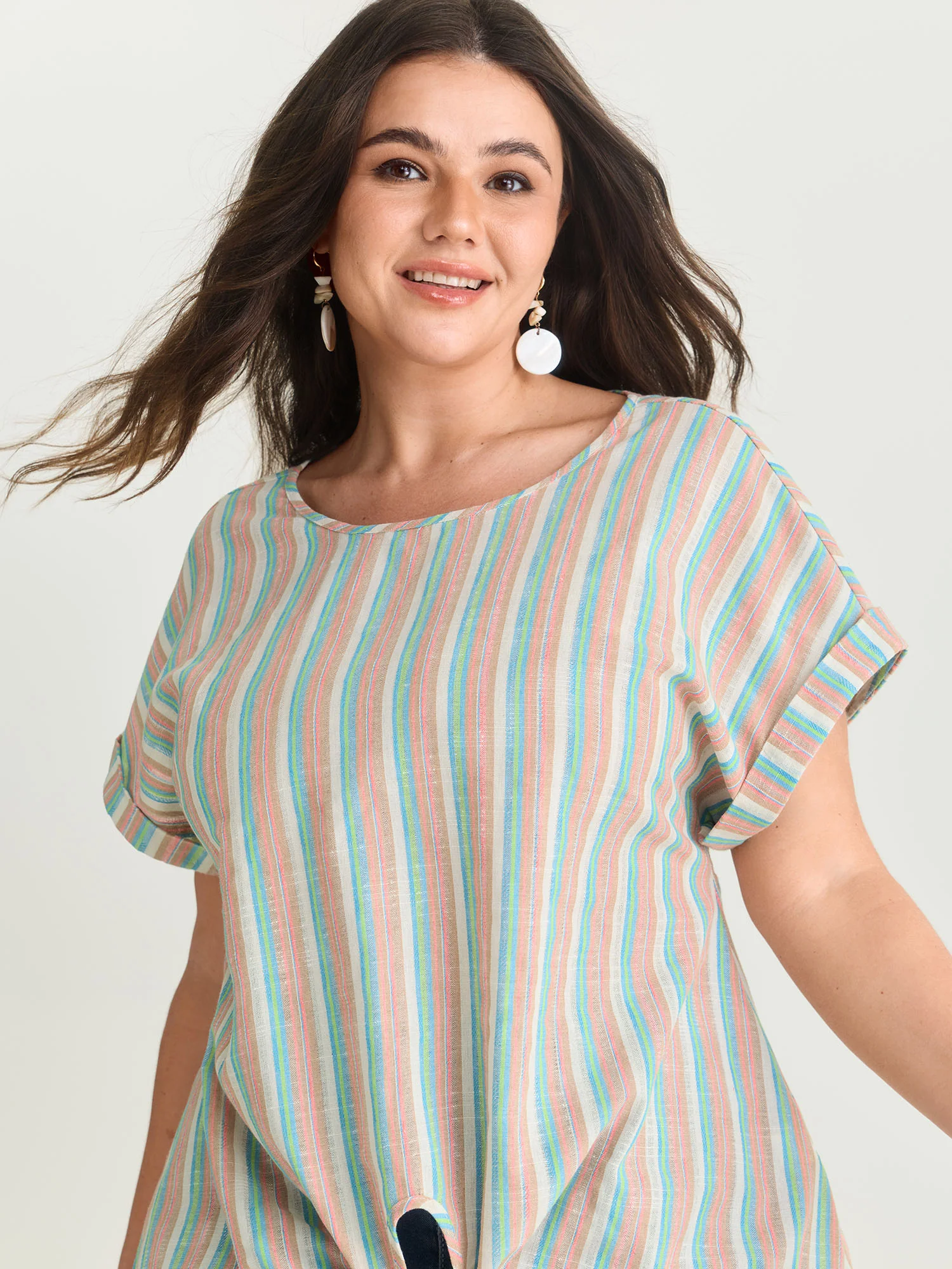 Striped Print Knotted Front Blouse - Image 2