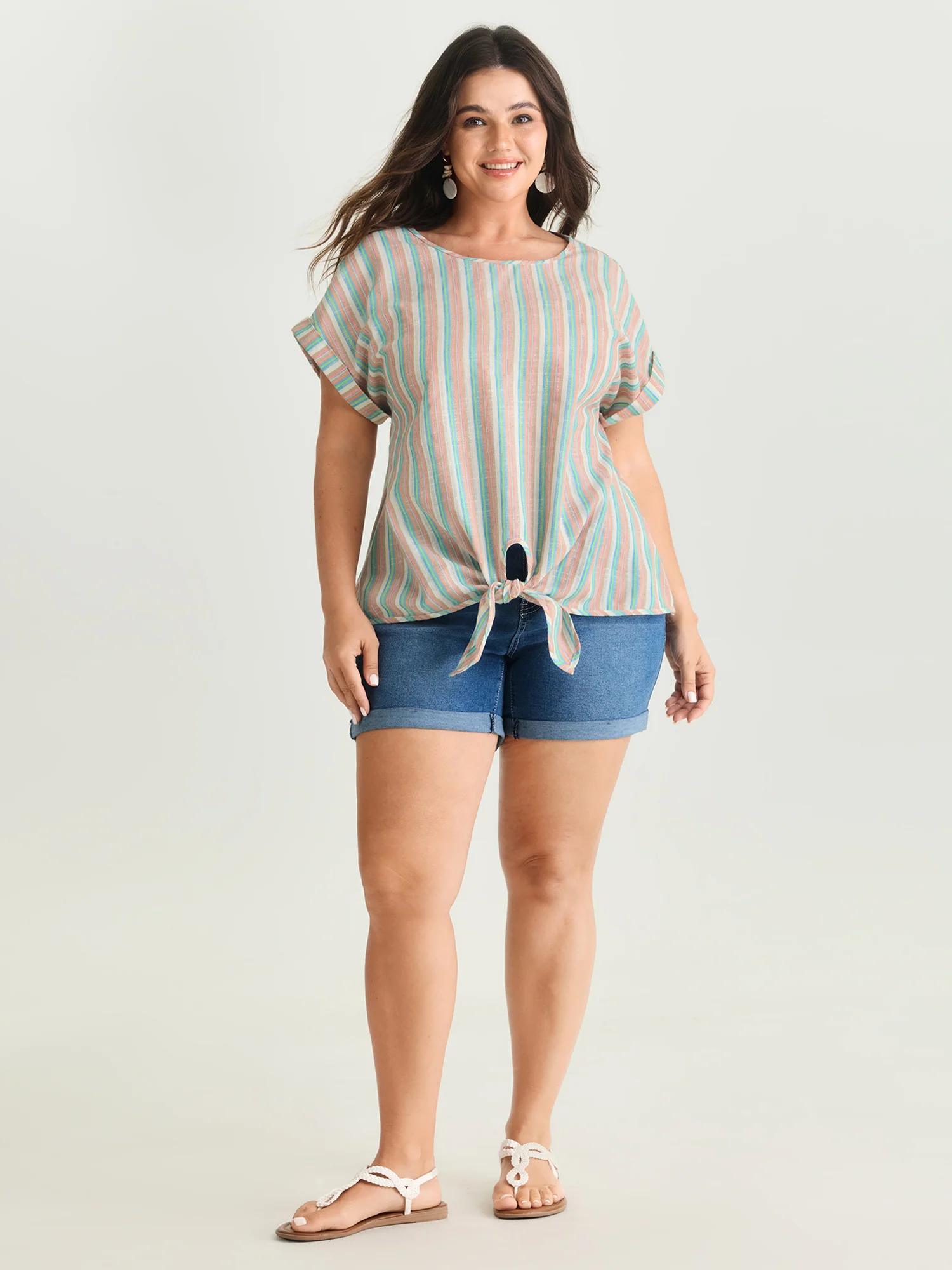 Striped Print Knotted Front Blouse - Image 3