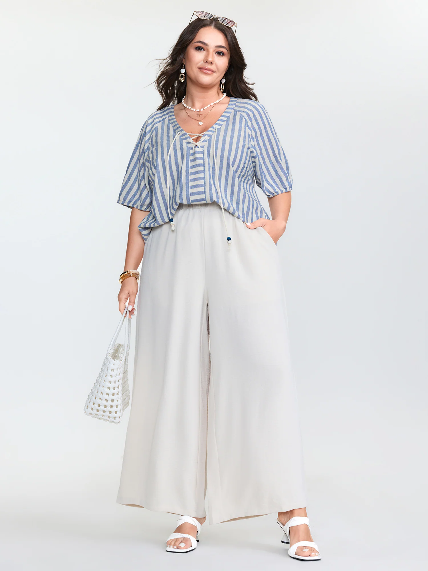 Sun-Washed Cotton Striped Print Neck Tie Blouse - Image 2