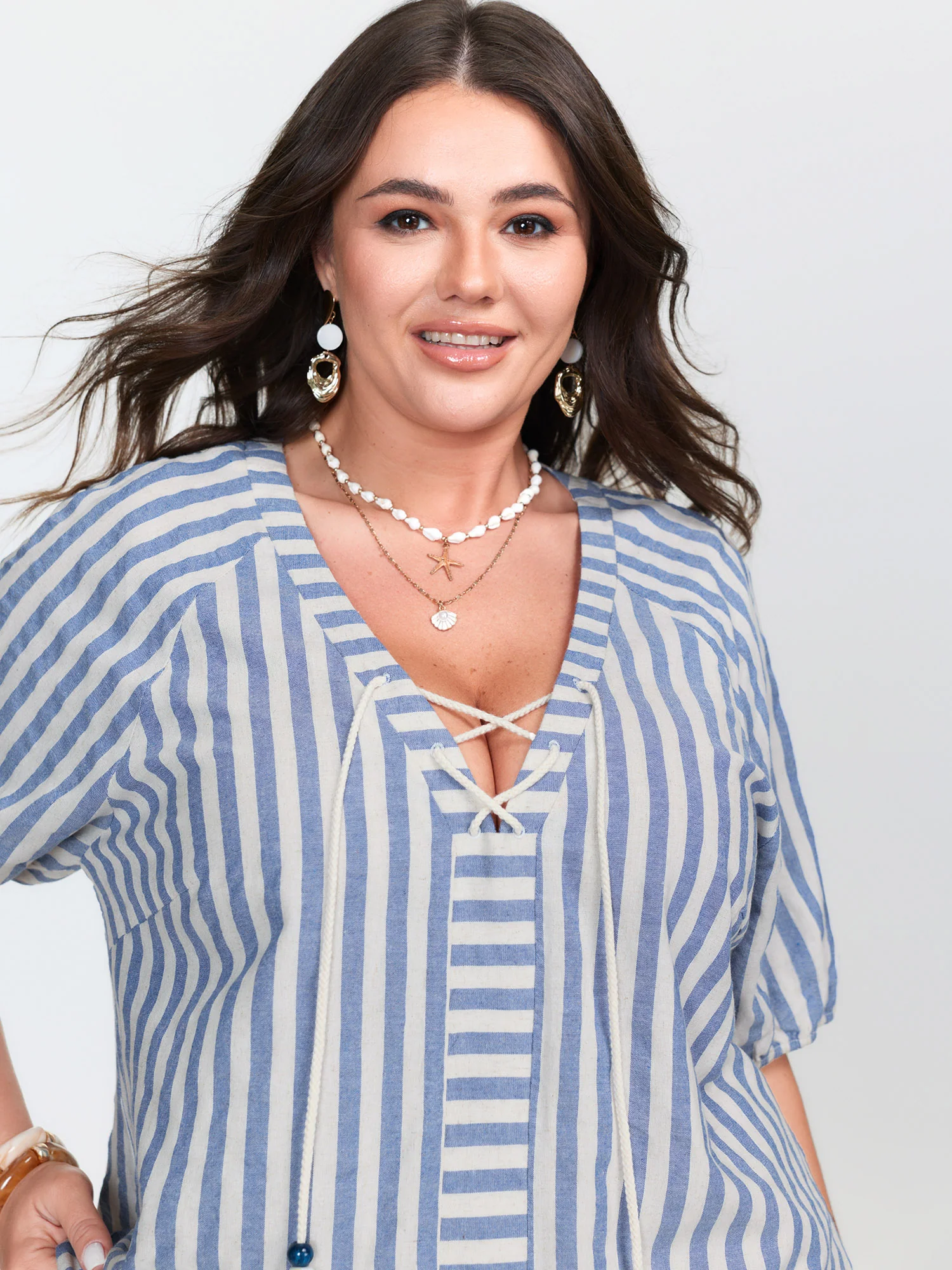 Sun-Washed Cotton Striped Print Neck Tie Blouse - Image 3