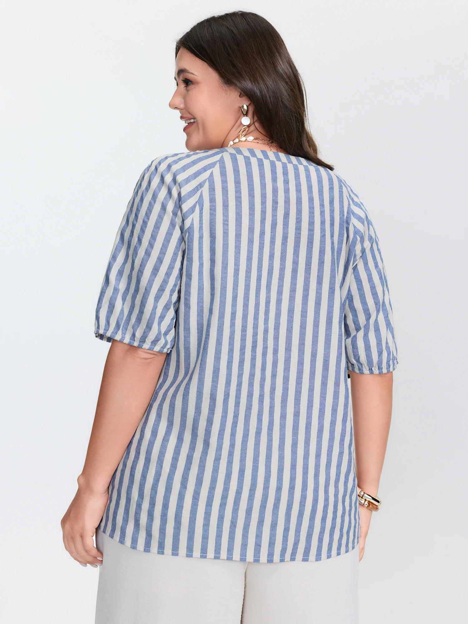 Sun-Washed Cotton Striped Print Neck Tie Blouse - Image 4
