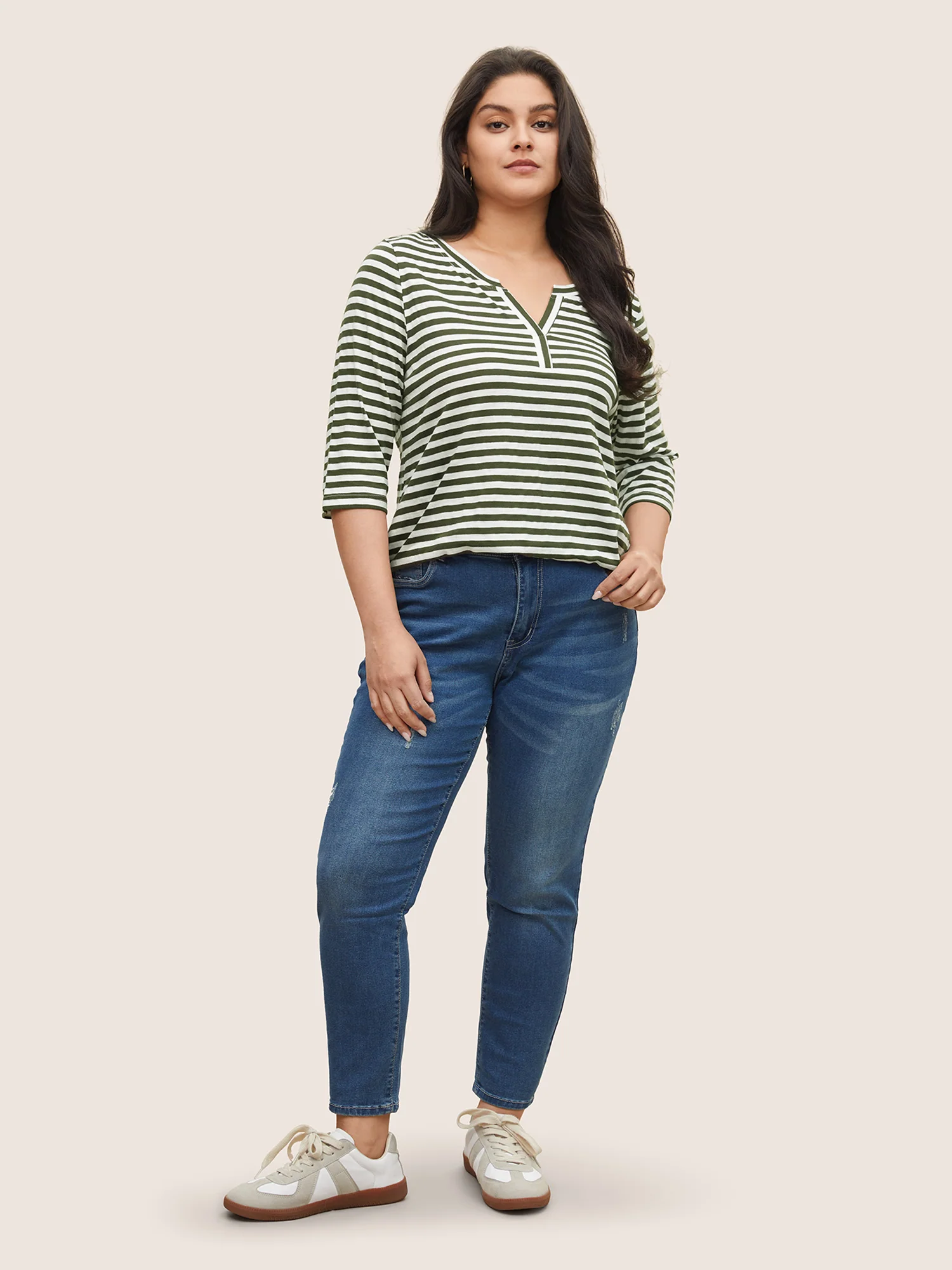 Striped Print Notched T-shirt - Image 3