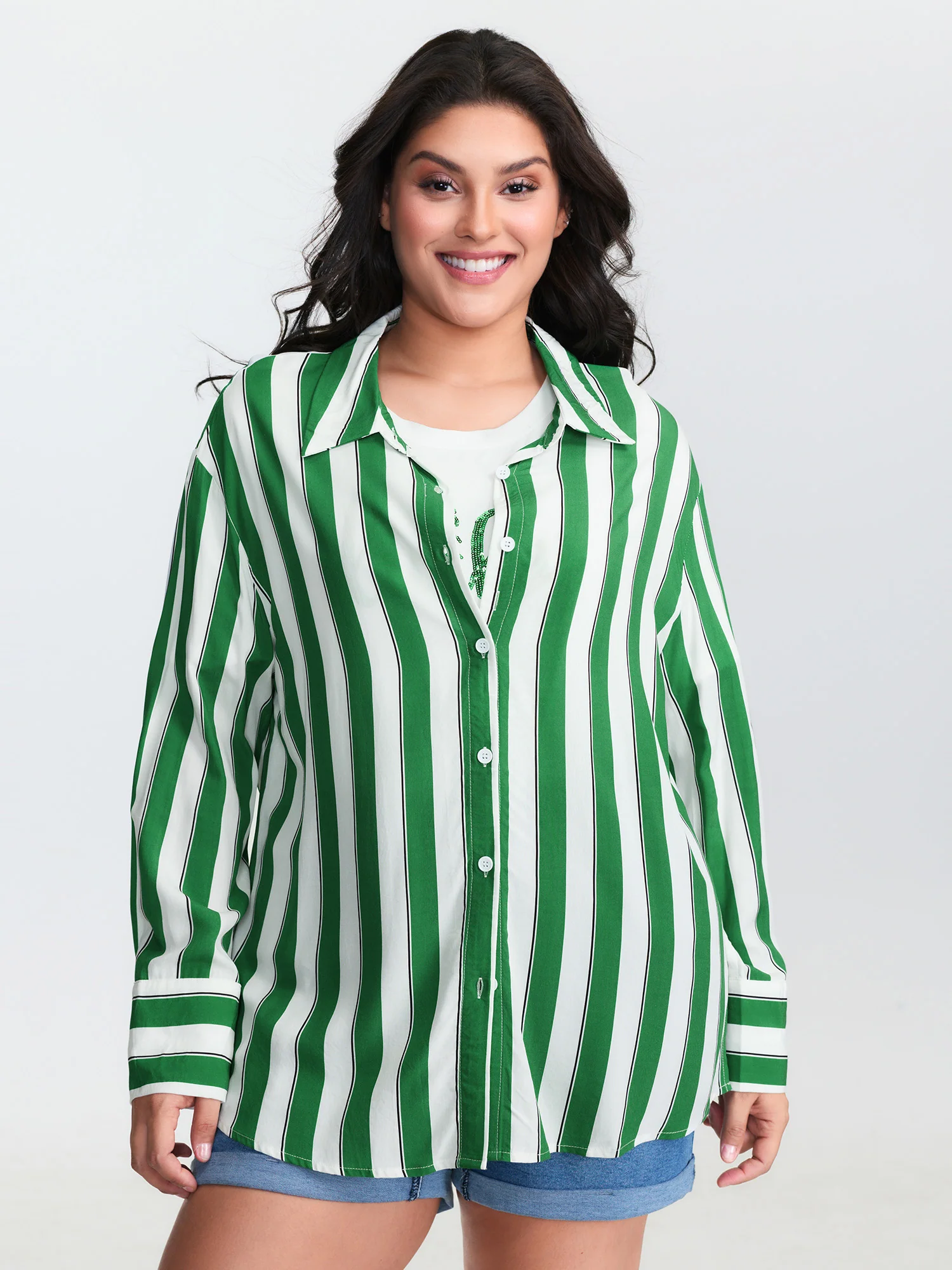 Striped Print Pleated Button-Down Shirt - Image 4