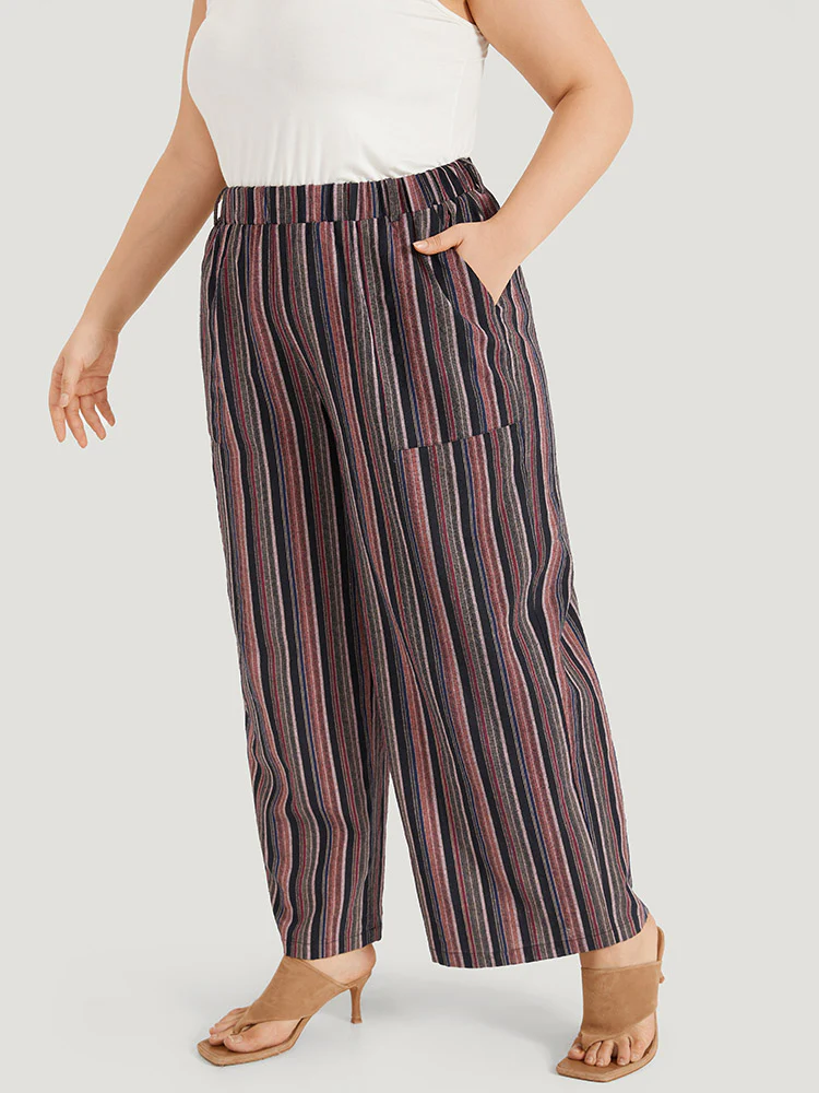 Striped Print Pocket Elastic Waist Pants - Image 2