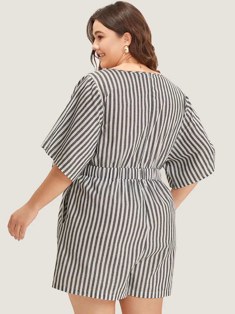 Striped Print Pocket Knot Flutter Sleeve Jumpsuit - Image 2