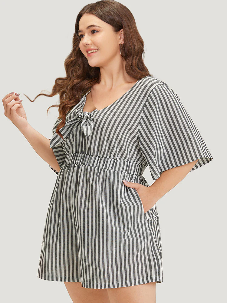 Striped Print Pocket Knot Flutter Sleeve Jumpsuit - Image 3