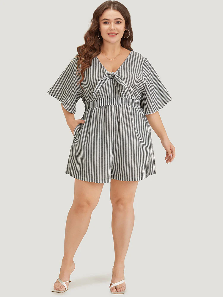 Striped Print Pocket Knot Flutter Sleeve Jumpsuit - Image 4