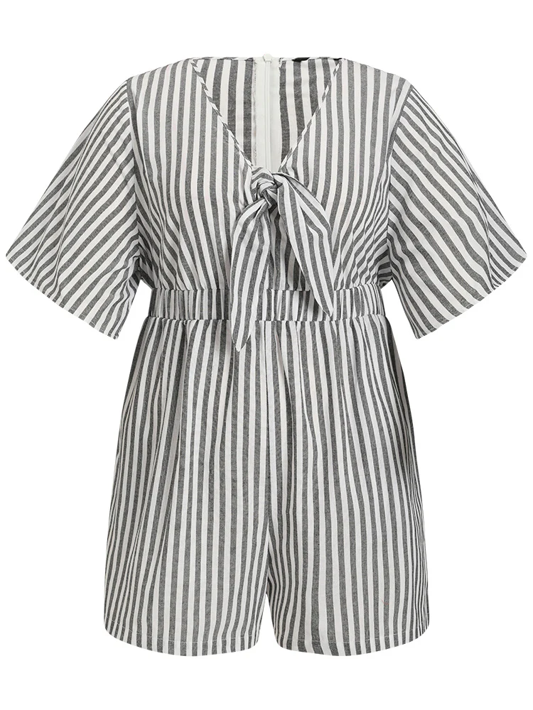 Striped Print Pocket Knot Flutter Sleeve Jumpsuit - Image 7