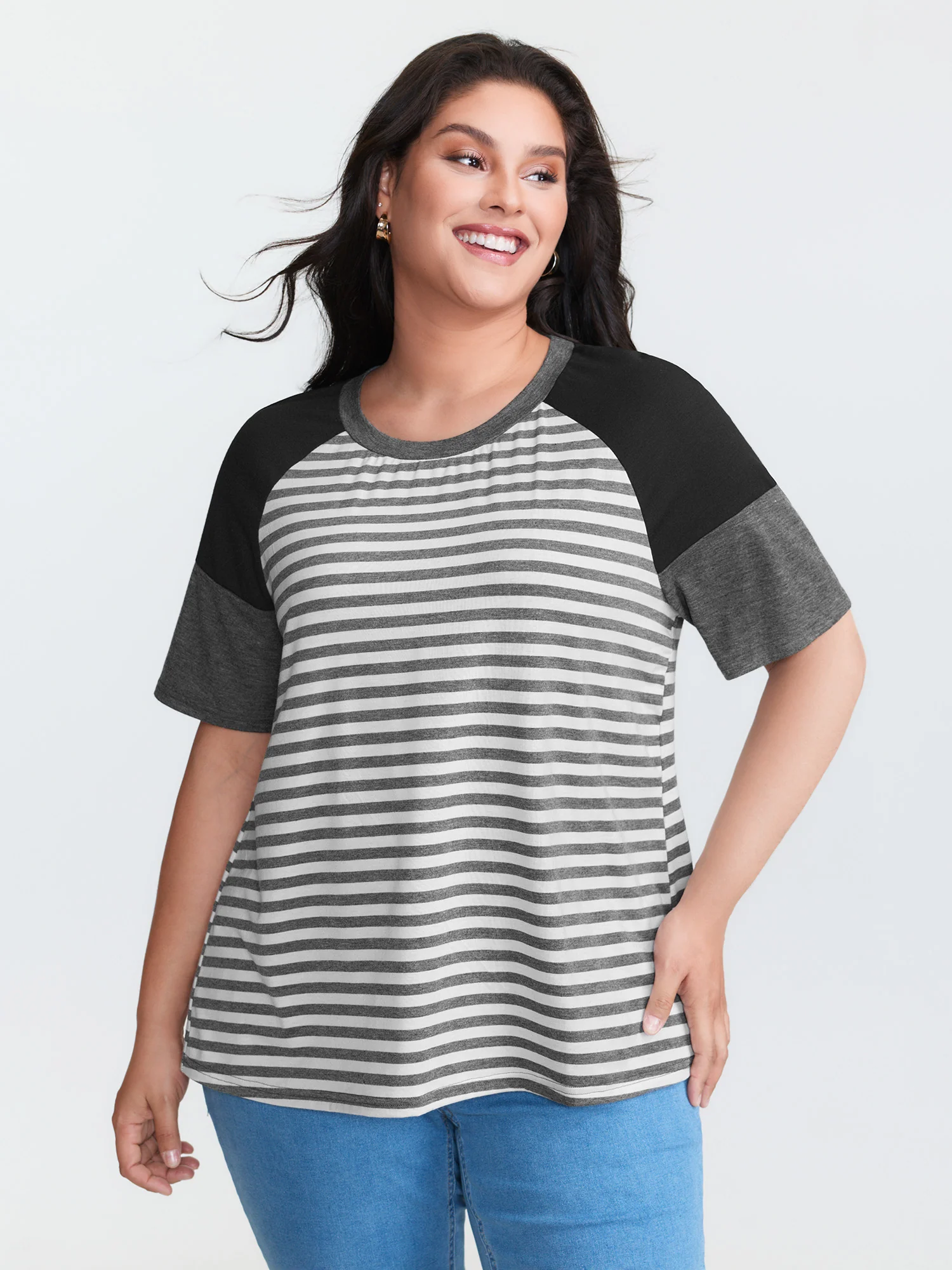 Striped Print Raglan Sleeve T-Shirt - Image 2