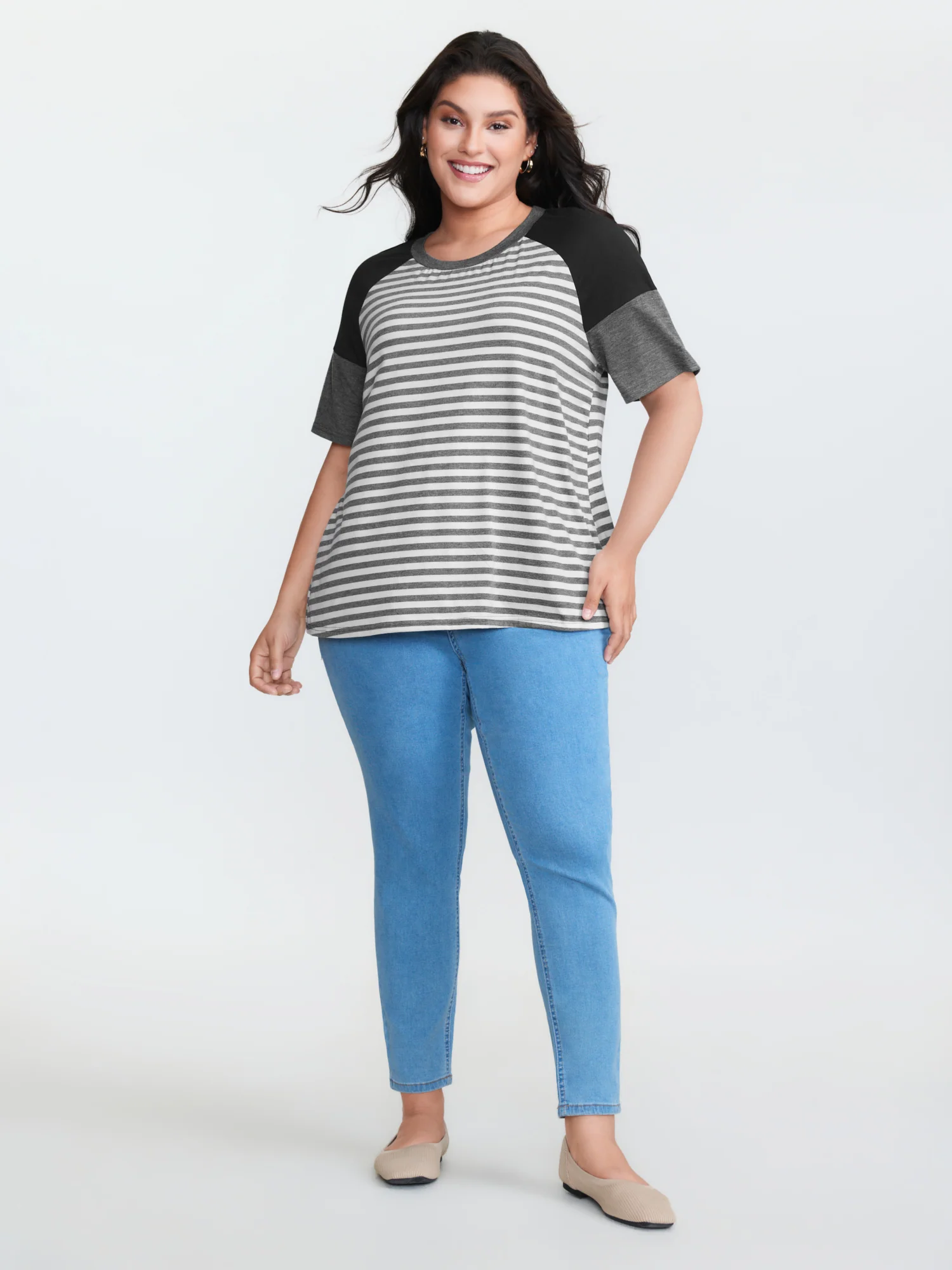 Striped Print Raglan Sleeve T-Shirt - Image 3